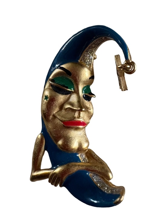 Erwin Pearl Jewelry - Erwin Pearl Vintage Blue Goldtone Moon Face Brooch Enamel Man in the Moon VHTF